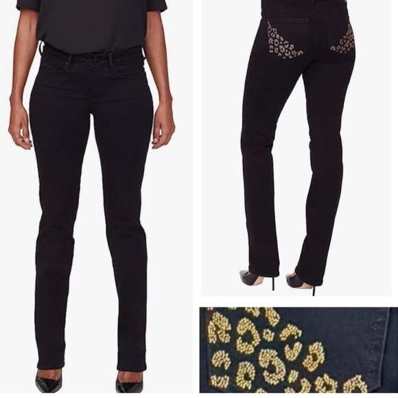 NYDJ Marilyn Straight Jeans With Catwalk Pocket Rhinestone Embroidery 2 Petite - Picture 5 of 15